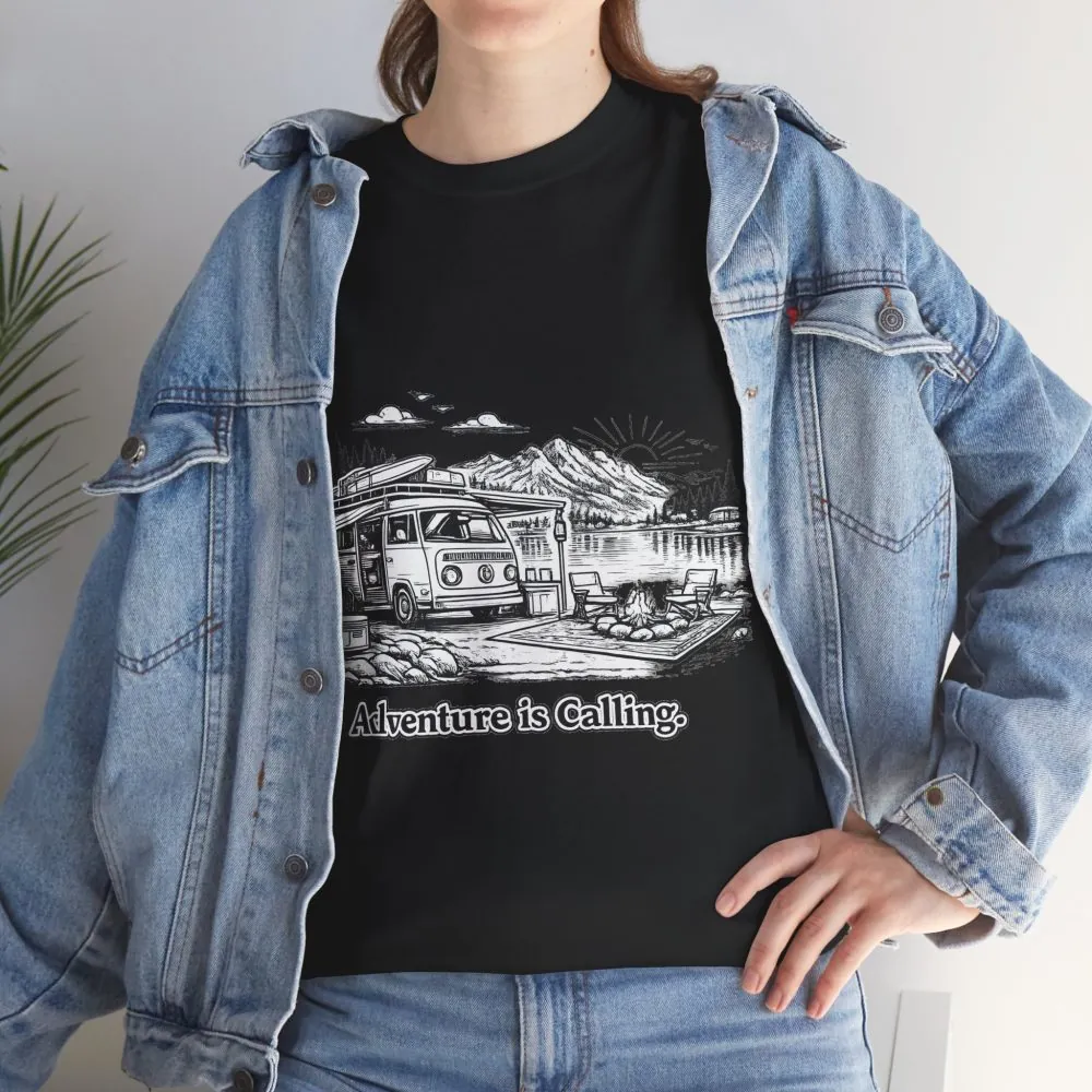 Unisex Heavy Cotton Tee — "Adventure Is Calling" Design Minimal-Line