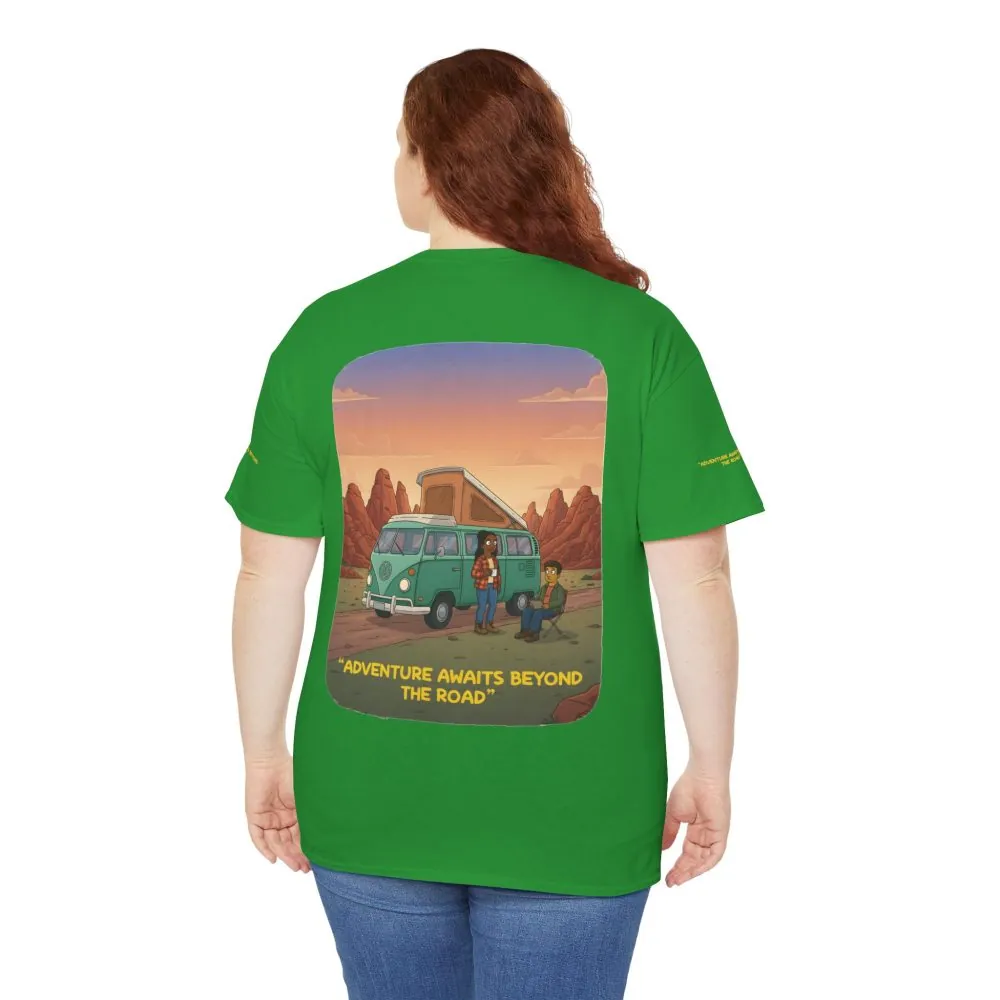 Unisex Heavy Cotton Tee — "Adventure Awaits Beyond The Road" Design Sitcom-Line