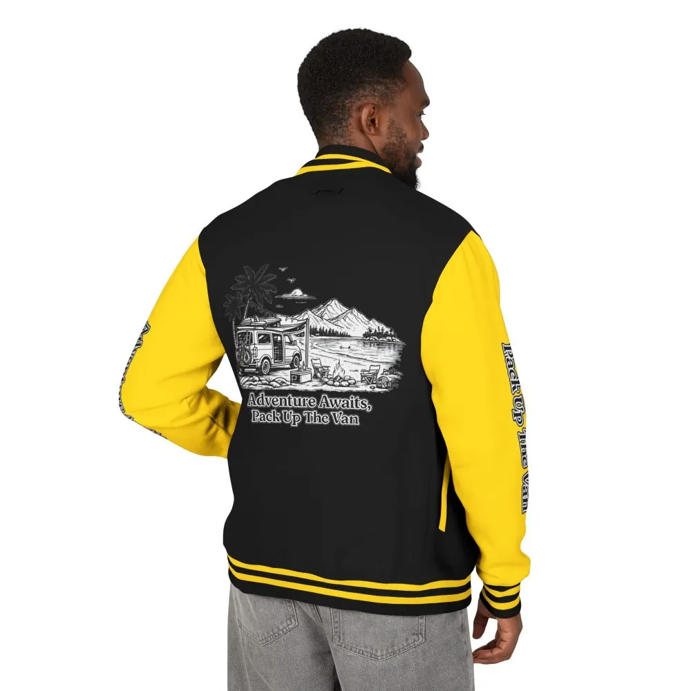 Unisex Heavyweight Letterman Jacket — "Adventure Awaits,Pack Up The Van" Travel Varsity Coat