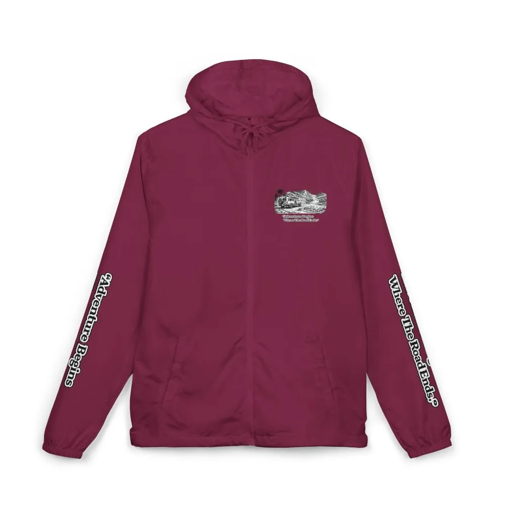 Unisex Full-Zip Windbreaker Jacket — "Adventure Begins Where Roads End" (Design "Minimal-Line")