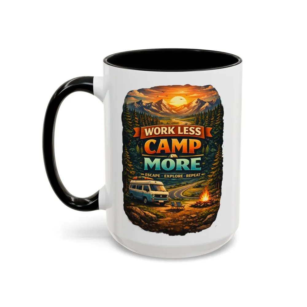 Accent Coffee Mug (11, 15oz) — "Work Less-Camp More" Design Scenic-Line