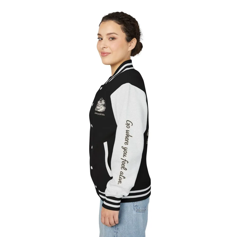 Unisex Heavyweight Letterman Jacket — "Go Where You Feel Alive" Travel Varsity Coat