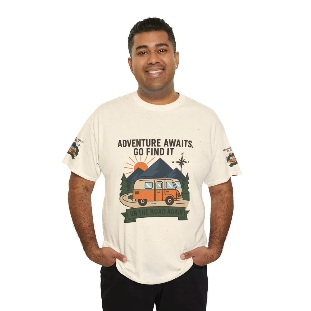 Unisex Heavy Cotton Tee — 'Adventure Awaits. Go Find It' Camper Van T‑Shirt