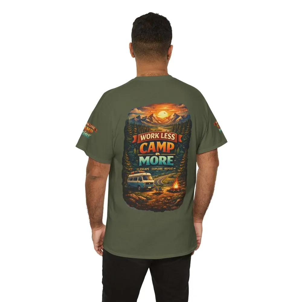 Unisex Heavy Cotton Tee — "Work Less-Camp More" Design Scenic-Line