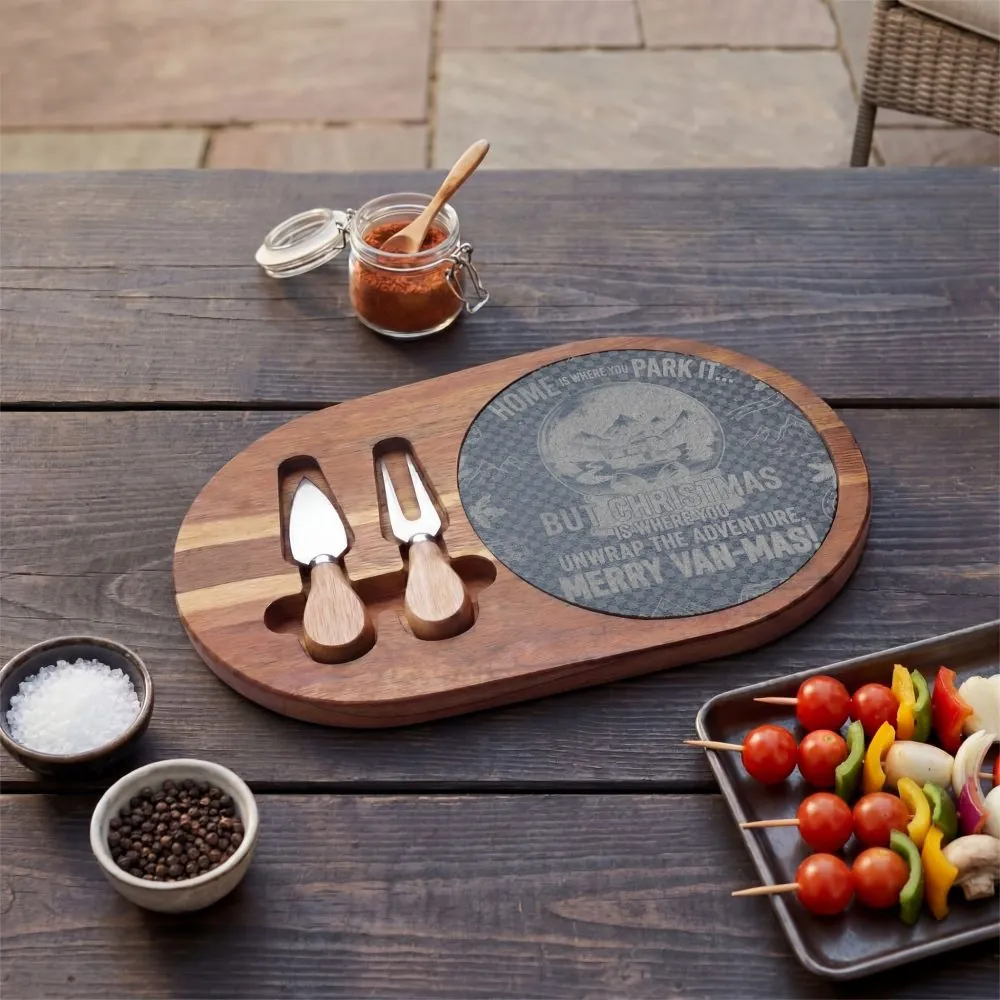 "Gift" Engraved Oak Charcuterie Board with Cheese Tools — "Home Is Where You Park It-But Christmas Is Where You Unwrap The Adventure - Merry Van-mas"