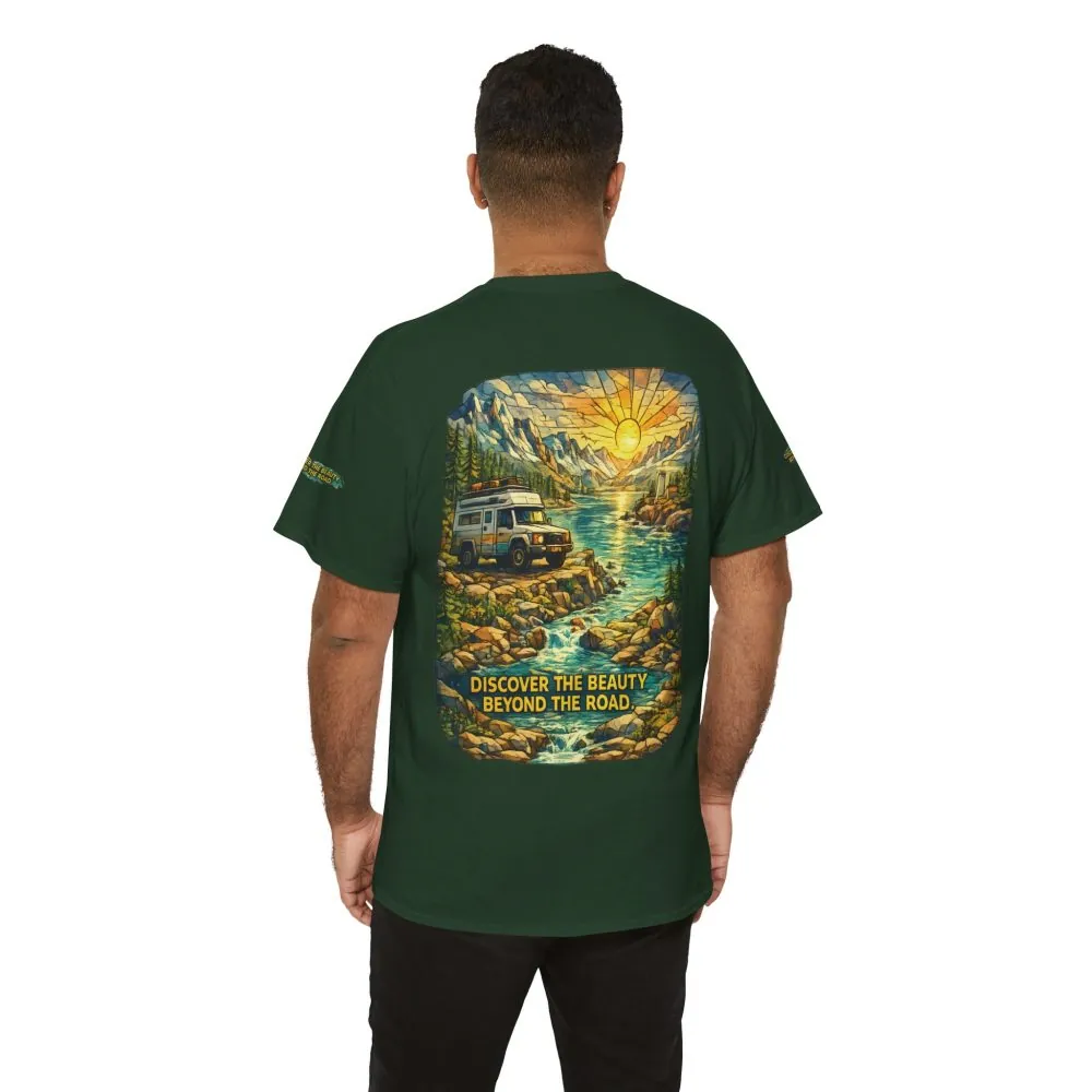 Unisex Heavy Cotton Tee — "Discover The Bieuty Beyond The Road" Design Cubic-Line