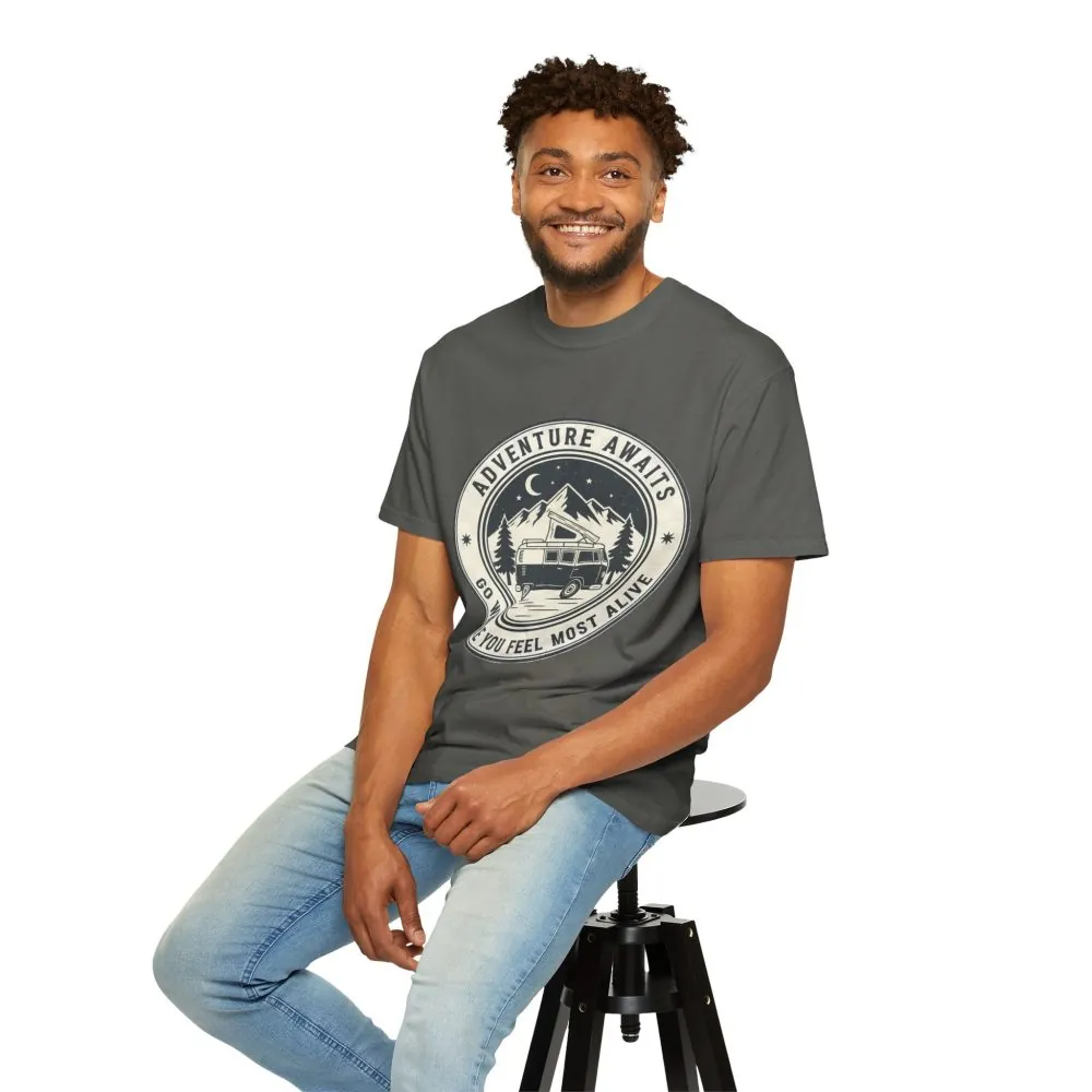 T-Shirt — "Adventure Awaits-Go Where You Feel Most Alive" (Only Front Printed) Outdoor Travel Tee