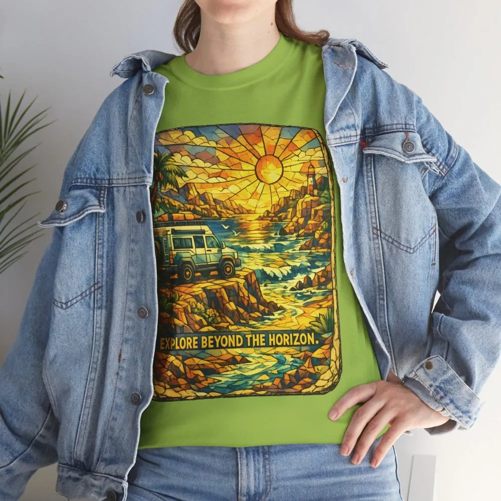 Unisex Heavy Cotton Tee — "Explore Beyond The Horizon" Design Cubic-Line