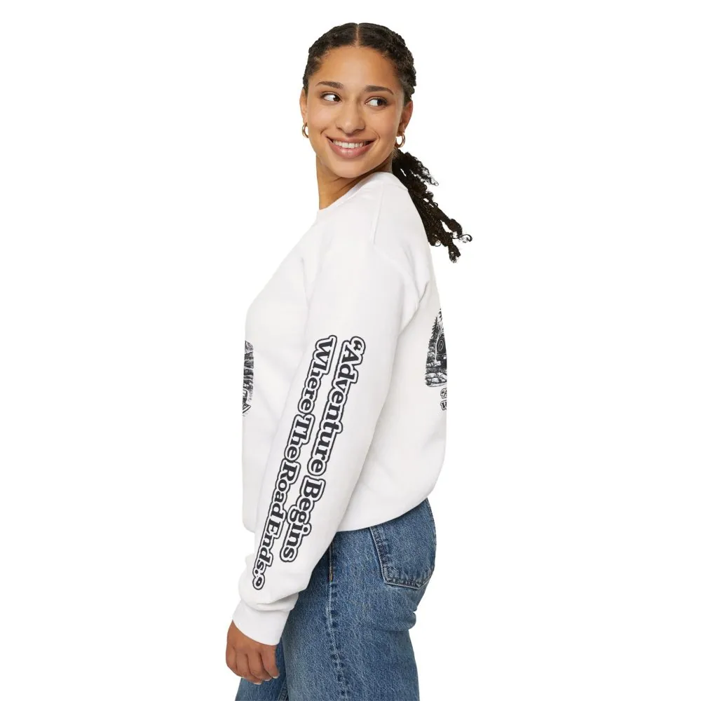 Unisex Heavy Blend™ Crewneck Sweatshirt — "Adventure Begins Where The Road Ends" Design Minimal-Line