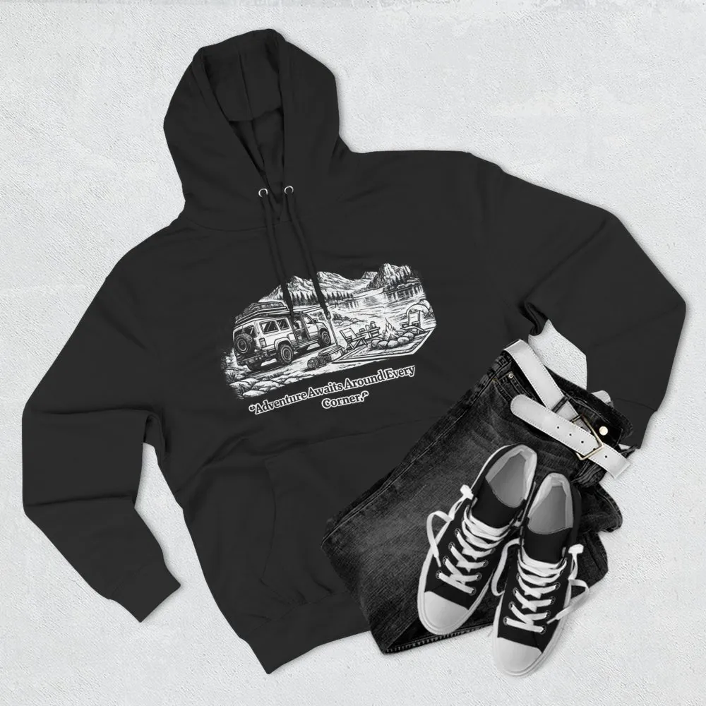 12353068594981924337_2048.jpeg Three-Panel Fleece Hoodie - "Adventure Awaits Around Every Corner" Design Minimal-Line