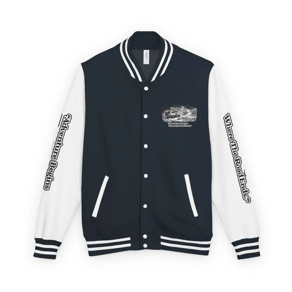 Unisex Heavyweight Letterman Jacket — "Adventure Begins Where The Road Ends" Travel Varsity Coat