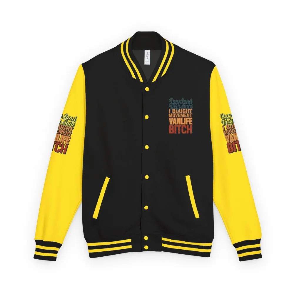 12369423173035921268_2048.jpeg Unisex Heavyweight Letterman Jacket — "Buy Land They Said" Design F**K-Line