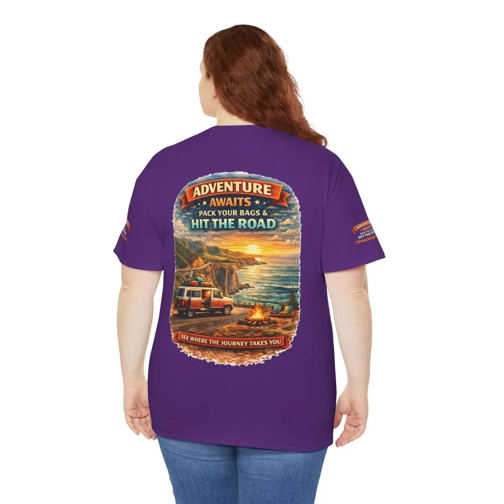 Unisex Heavy Cotton Tee — "Adventure Awaits-Pack Your Bags" Design Scenic-Line