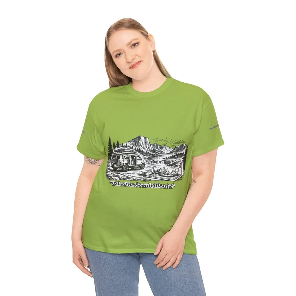 Unisex Heavy Cotton Tee — "Take The Scenic Route" Design Minimal-Line