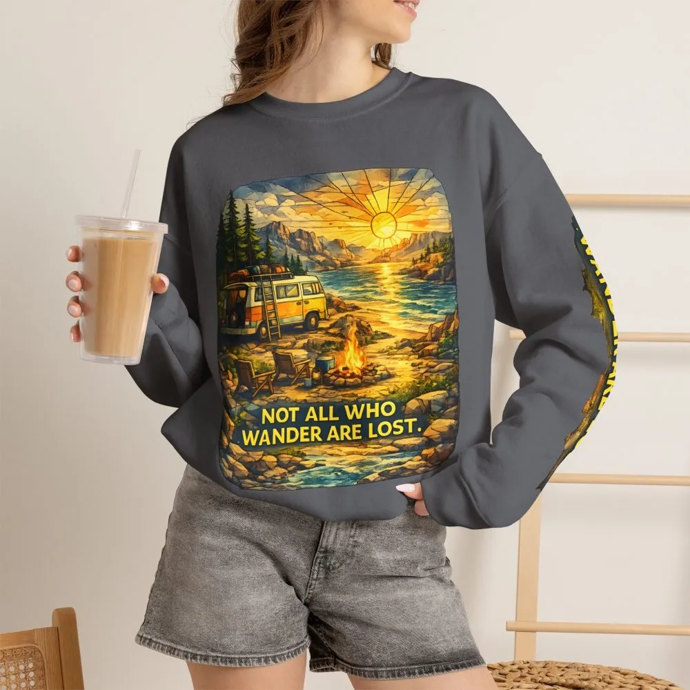 Unisex Heavy Blend™ Crewneck Sweatshirt — "Not All Who Wander Are Lost" Design Cubic-Line