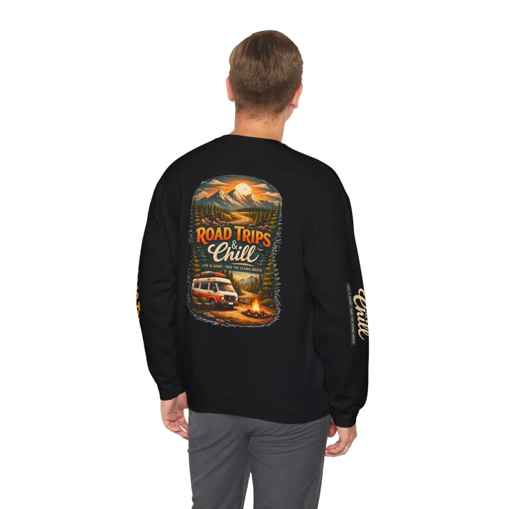 Unisex Heavy Blend™ Crewneck Sweatshirt — "Road Trips & Chill" Design Scenic-Line