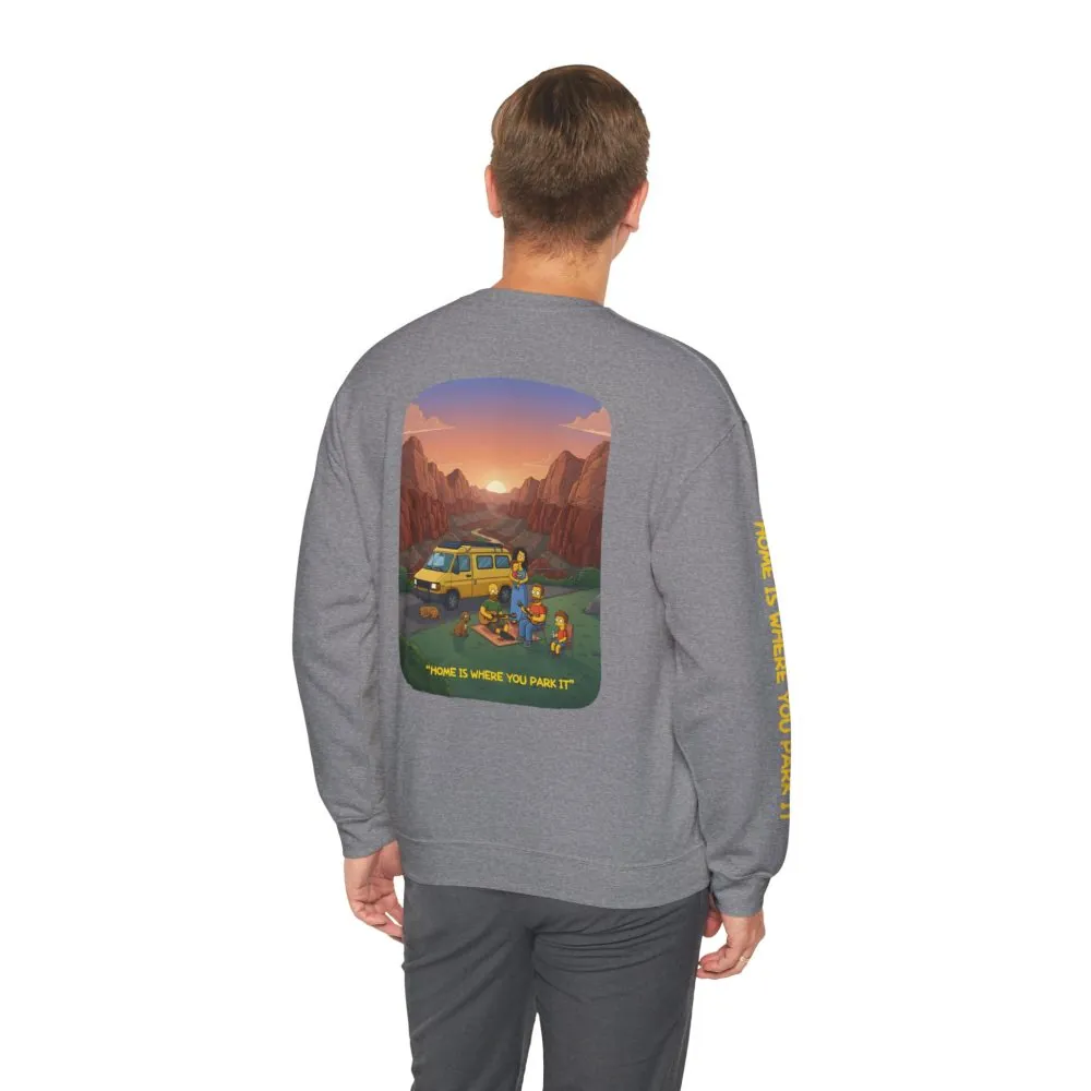 Unisex Heavy Blend™ Crewneck Sweatshirt — "Home Is Where You Park It" Design Sitcom-Line