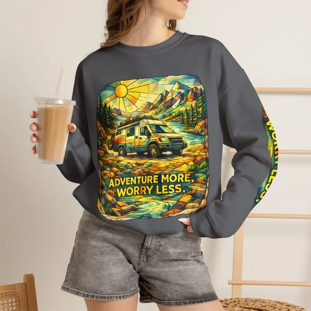 Unisex Heavy Blend™ Crewneck Sweatshirt — "Adventure More Worry Less" Design Cubic-Line
