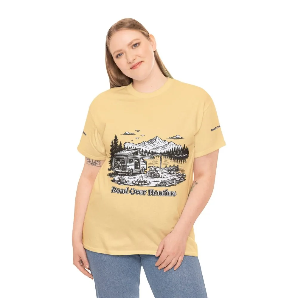 12414376641570500486_2048.jpeg Unisex Heavy Cotton Tee — "Road Over Routine" Design Minimal-Line