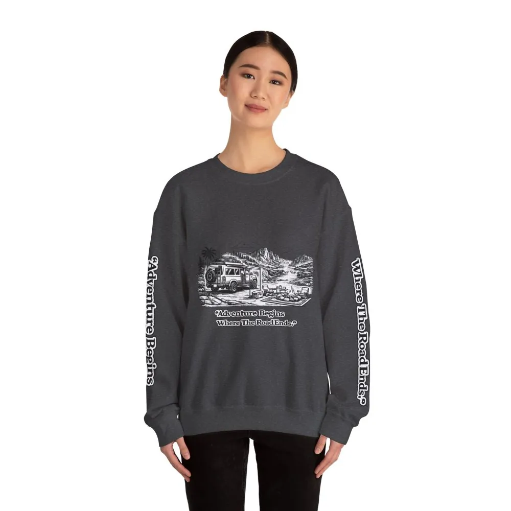 Unisex Heavy Blend™ Crewneck Sweatshirt — "Adventure Begins Where The Road Ends" Design Minimal-Line