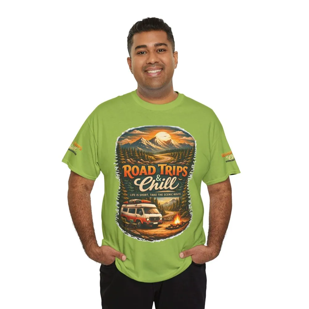 Unisex Heavy Cotton Tee — "Road Trips & Chill" Design Scenic-Line