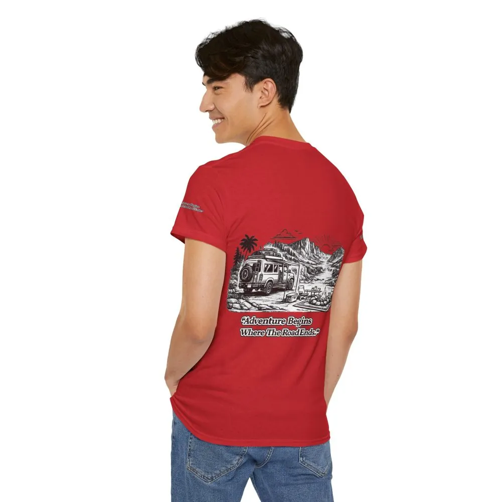 Unisex Heavy Cotton Tee — "Adventure Begins Where The Road Ends" Design Minimal-Line