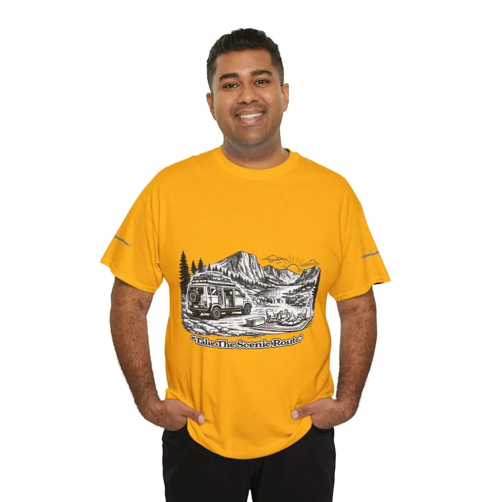 Unisex Heavy Cotton Tee — "Take The Scenic Route" Design Minimal-Line