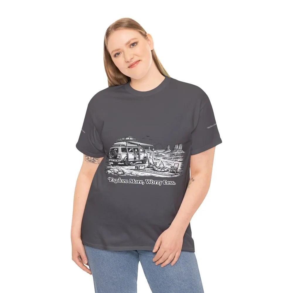 Unisex Heavy Cotton Tee — "Explore More Worry Less" Design Minimal-Line
