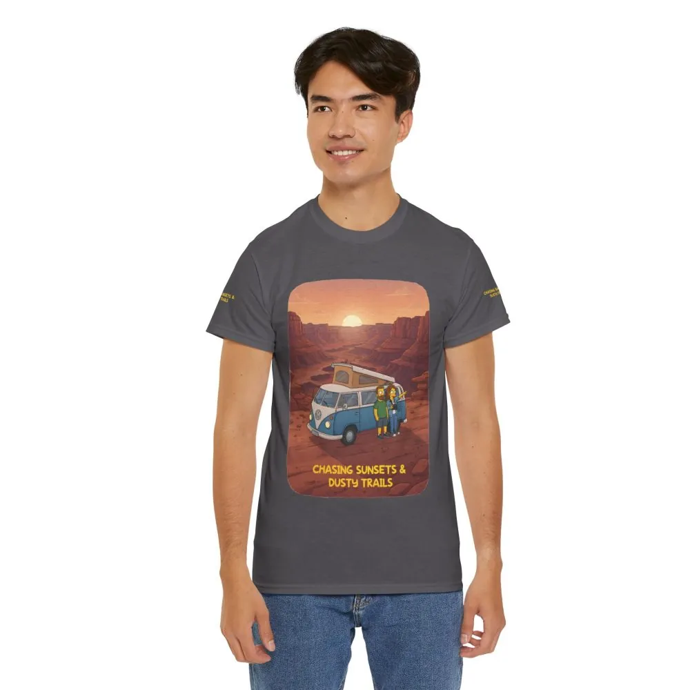 Unisex Heavy Cotton Tee — "Chasing Sunsets And Dusty Trails" Design Sitcom-Line