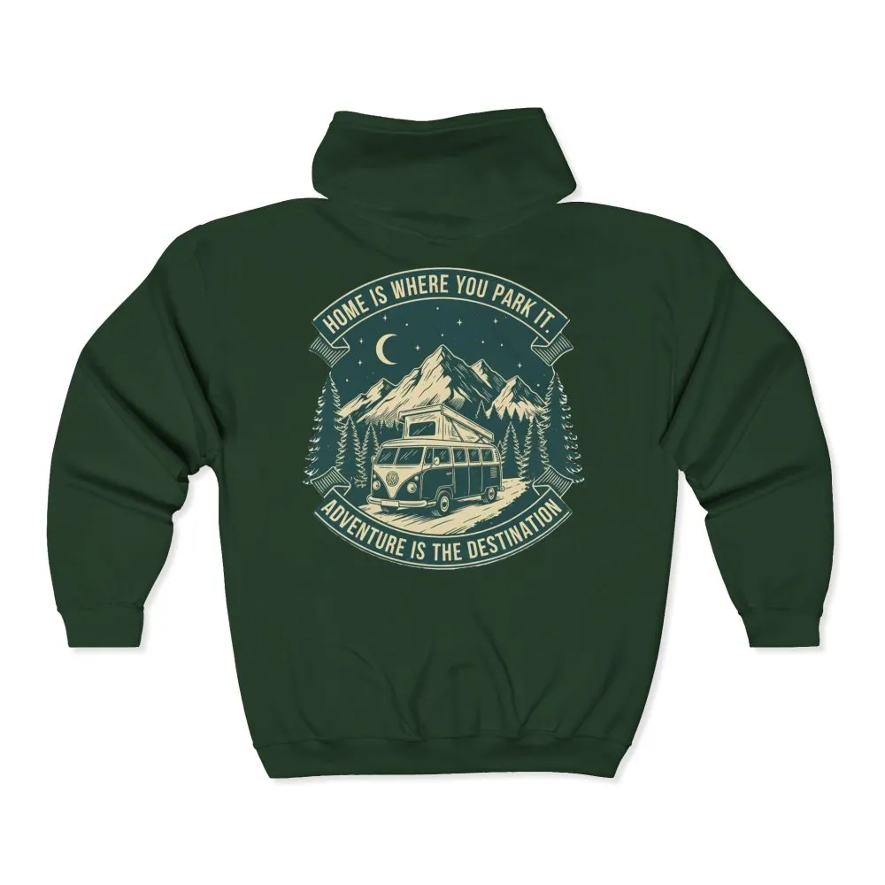 12468501236489317487_2048.jpeg Zip Hoodie — "Home Is Where You Park It-Adventure is the destination"(Front + Back Printed) Camper Van Adventure Zip-Up