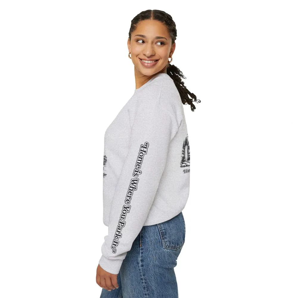 Unisex Heavy Blend™ Crewneck Sweatshirt — "Home Is Where You Park It" Design Minimal-Line