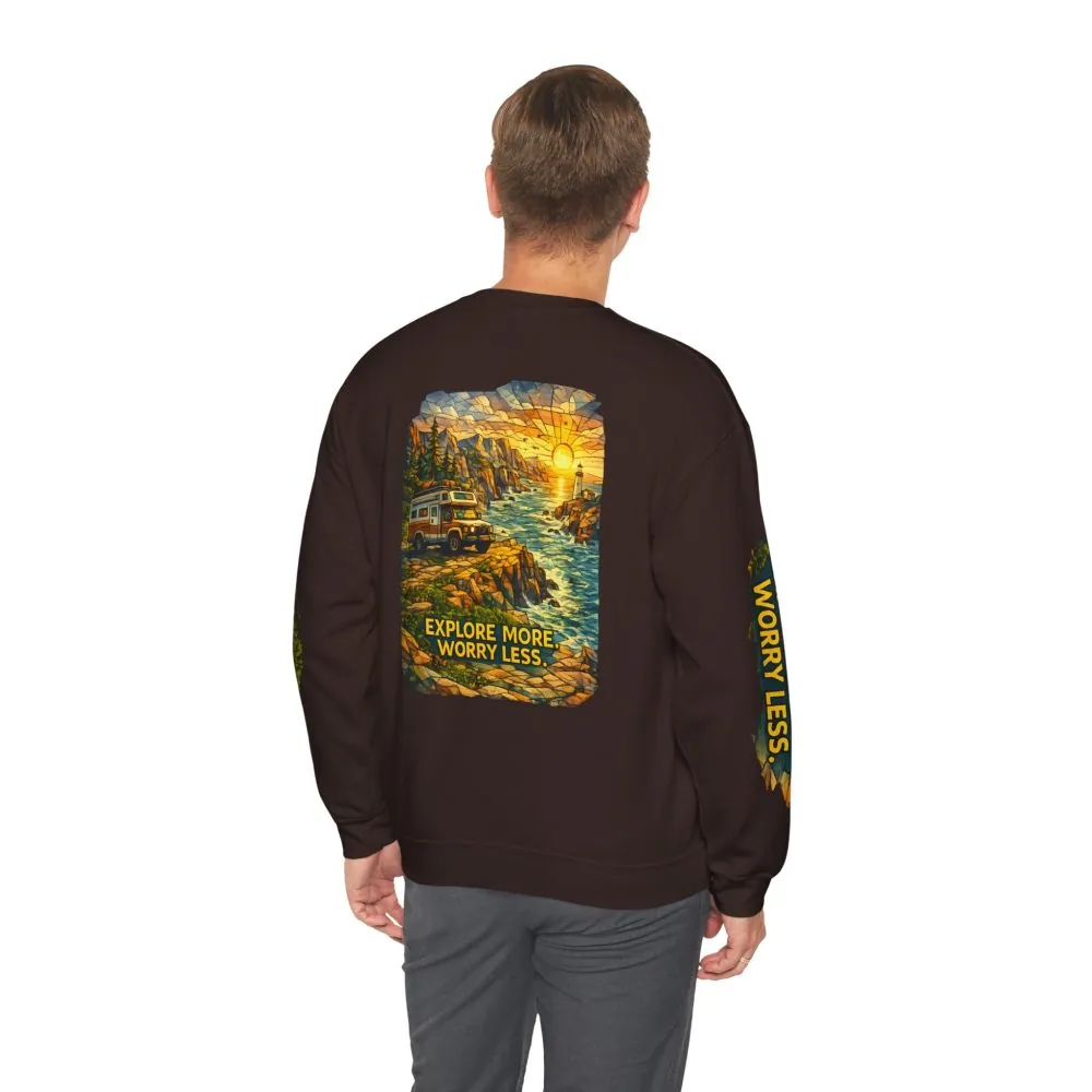 Unisex Heavy Blend™ Crewneck Sweatshirt — "Explore More Worry Less" Design Cubic-Line