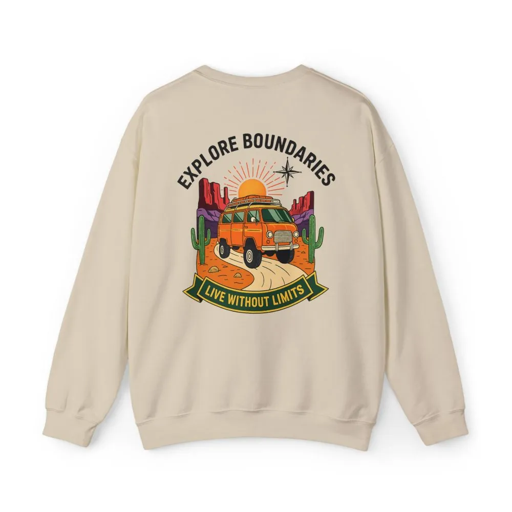 12489849730376043229_2048.jpeg Crewneck Sweatshirt — “Explore Bounderies-Live Without Limits” Desert Road Trip Graphic