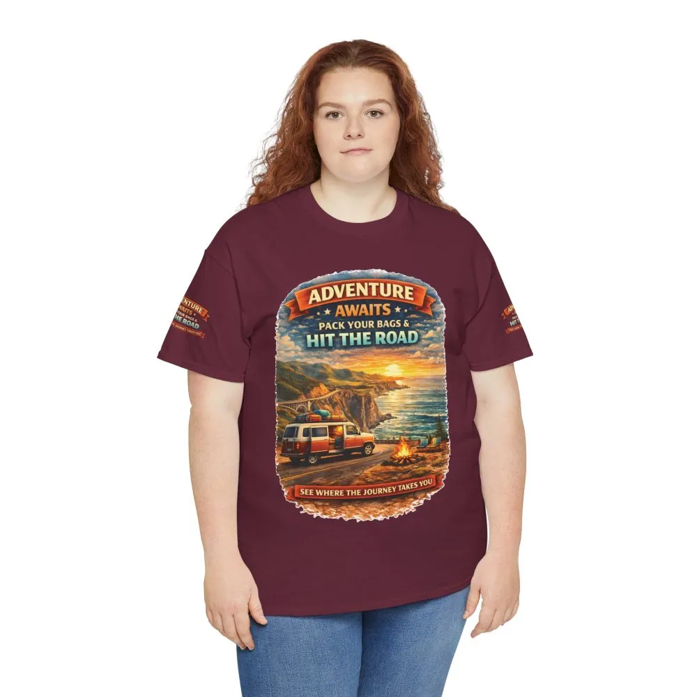 Unisex Heavy Cotton Tee — "Adventure Awaits-Pack Your Bags" Design Scenic-Line
