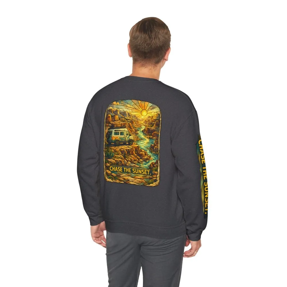Unisex Heavy Blend™ Crewneck Sweatshirt — "Chase The Sunset" Design Cubic-Line
