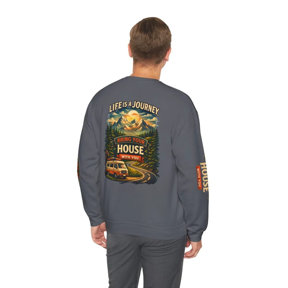Unisex Heavy Blend™ Crewneck Sweatshirt — "Live Is A Journey-Bring Your House With You" Design Scenic-Line