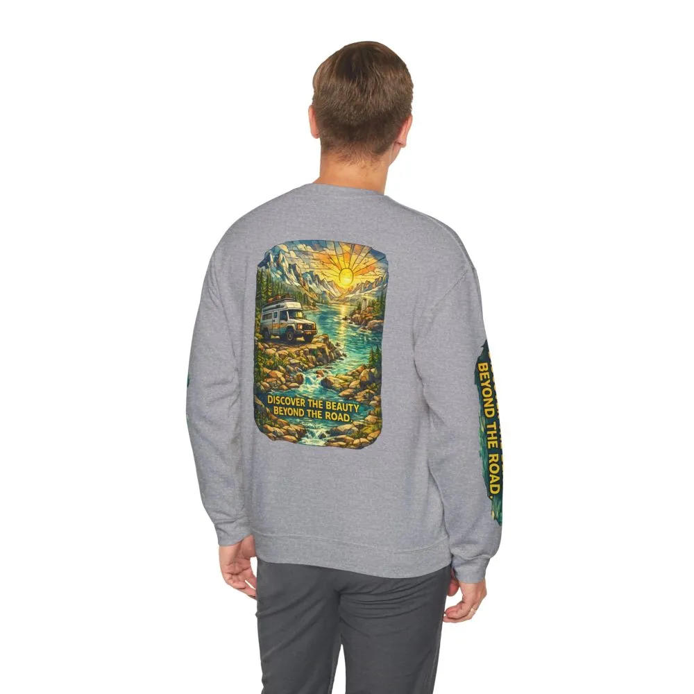 Unisex Heavy Blend™ Crewneck Sweatshirt — "Discover The Bieuty Beyond The Road" Design Cubic-Line