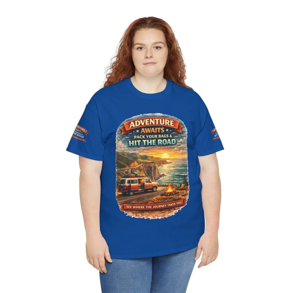 Unisex Heavy Cotton Tee — "Adventure Awaits-Pack Your Bags" Design Scenic-Line