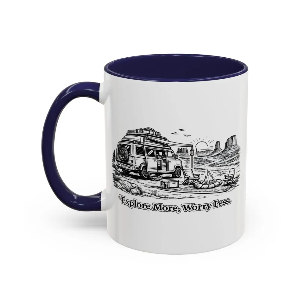 Accent Coffee Mug (11, 15oz) — "Explore More Worry Less" Design Minimal-Line