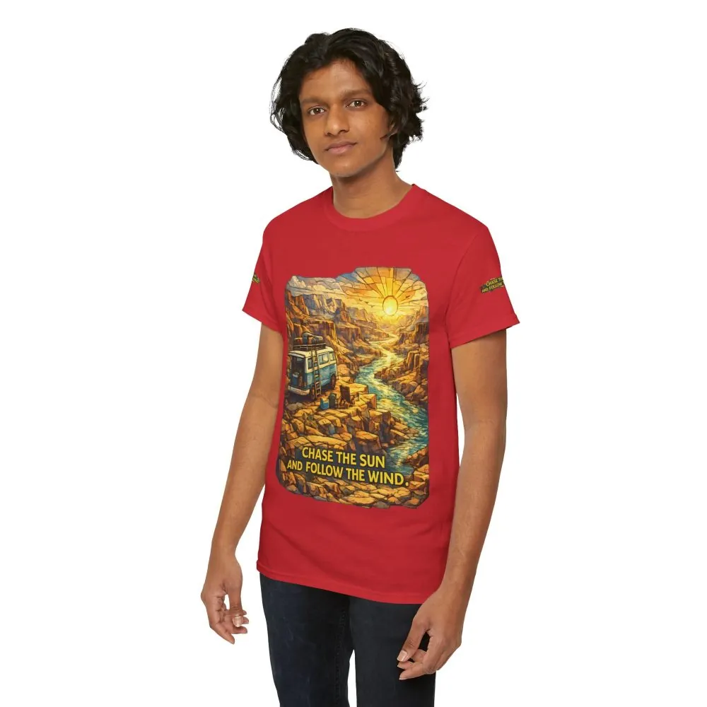 Unisex Heavy Cotton Tee — "Chase The Sun And Follow The Wind" Design Cubic-Line