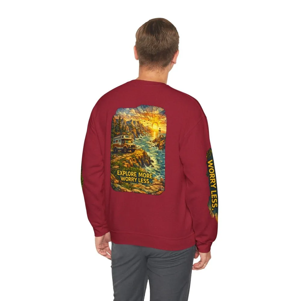 Unisex Heavy Blend™ Crewneck Sweatshirt — "Explore More Worry Less" Design Cubic-Line
