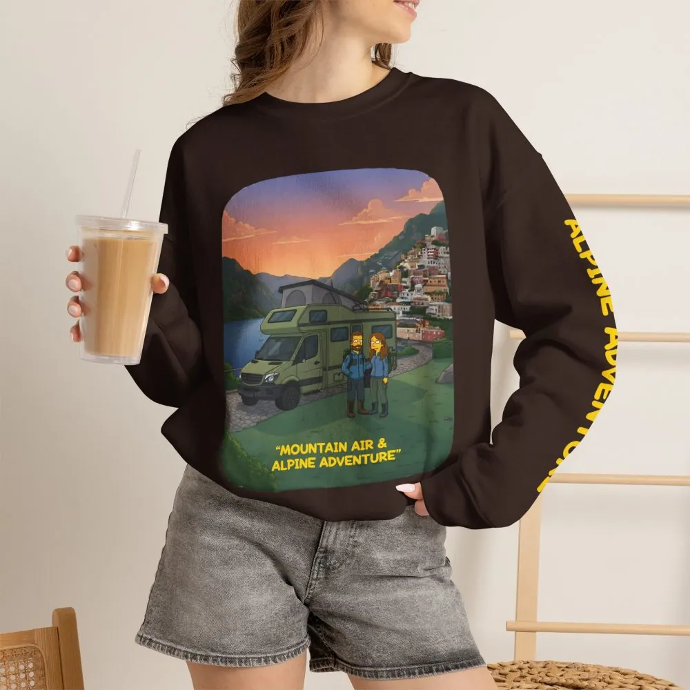 Unisex Heavy Blend™ Crewneck Sweatshirt — "Mountain Air And Alpine Adventure"" Design Sitcom-Line