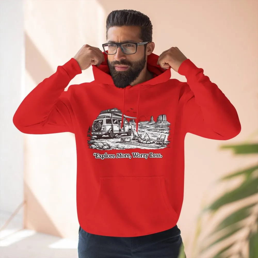 Three-Panel Fleece Hoodie - "Explore More Worry Less" Design Minimal-Line