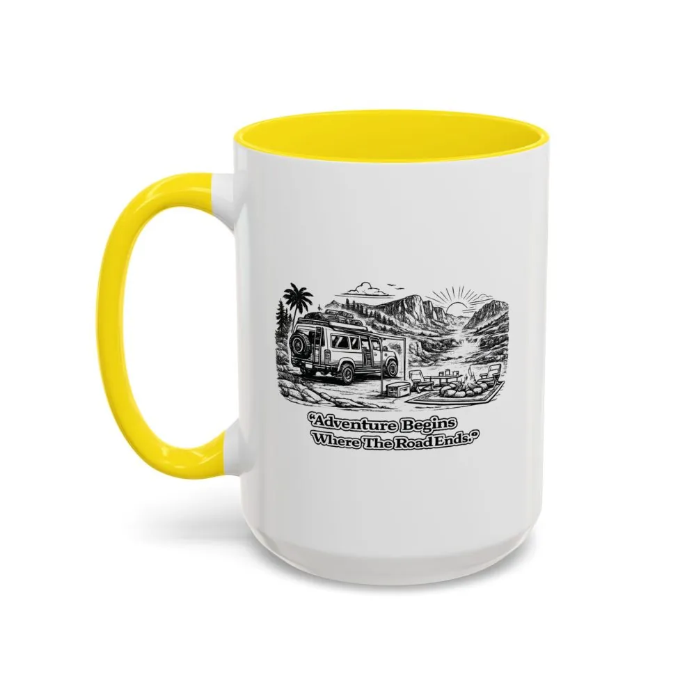 Accent Coffee Mug (11, 15oz) — "Adventure Begins Where The Road Ends" Design Minimal-Line
