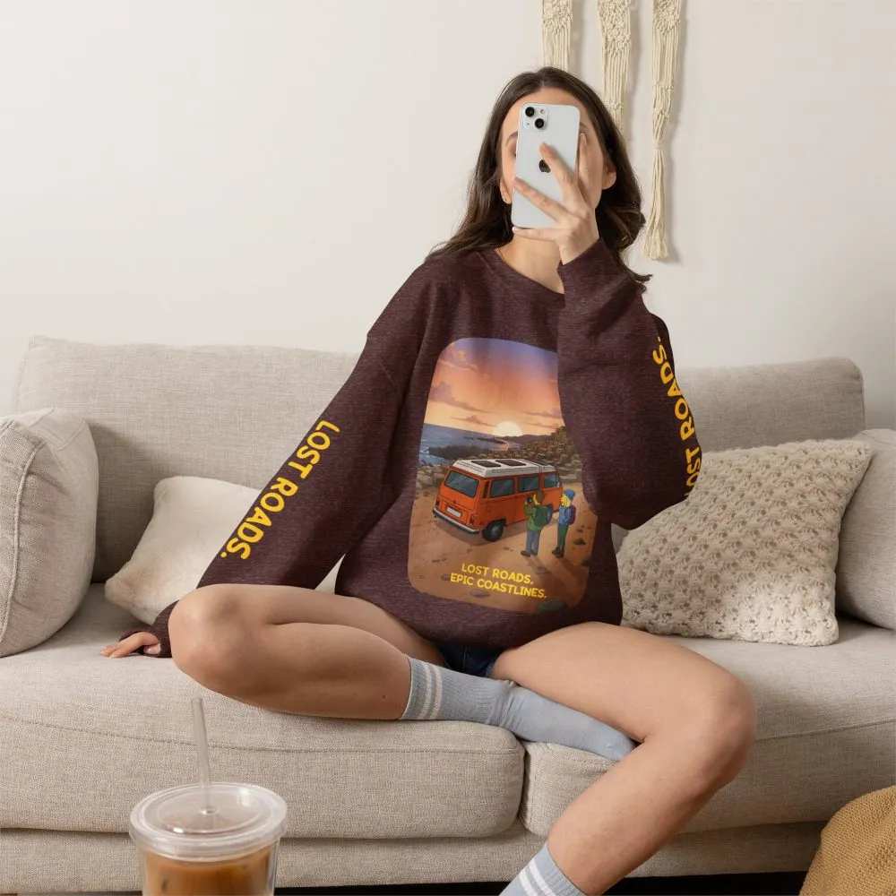 Unisex Heavy Blend™ Crewneck Sweatshirt — "Lost Roads Epic Coastlines" Design Sitcom-Line
