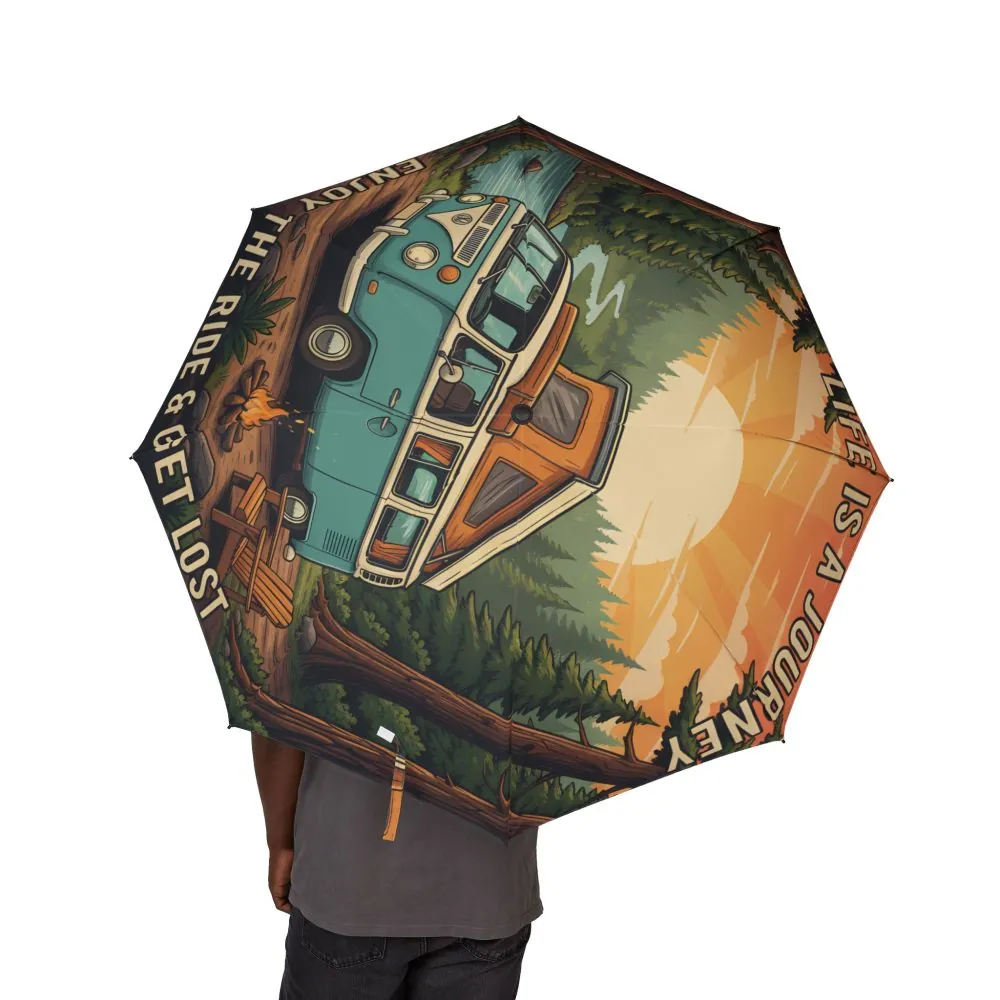 Semi-Automatic Foldable Umbrella — "Life Is A Journey-Enkoy The Ride" Vintage Adventure Print