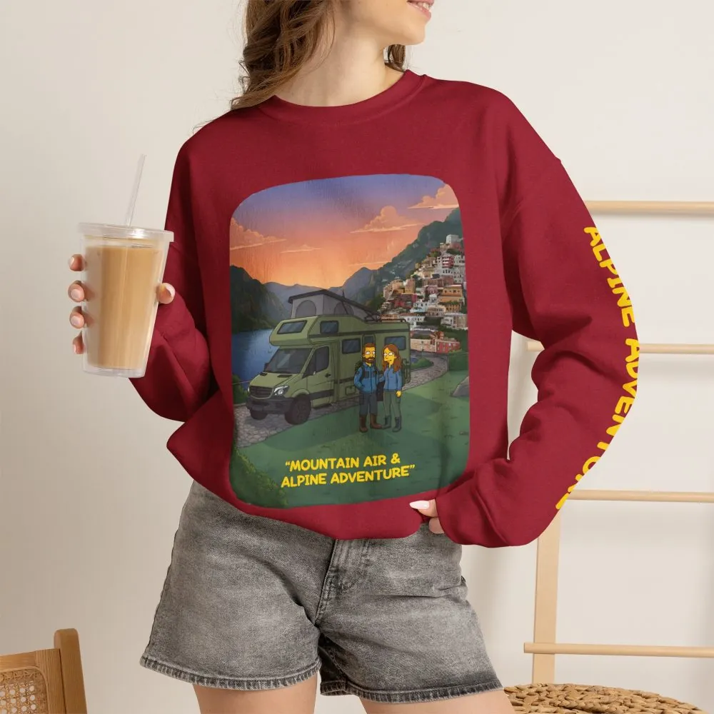 Unisex Heavy Blend™ Crewneck Sweatshirt — "Mountain Air And Alpine Adventure"" Design Sitcom-Line