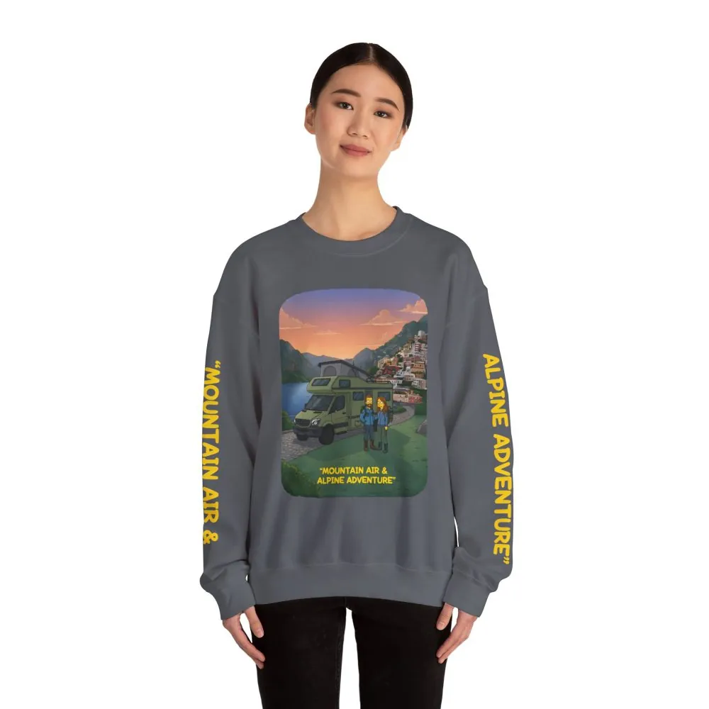 Unisex Heavy Blend™ Crewneck Sweatshirt — "Mountain Air And Alpine Adventure"" Design Sitcom-Line