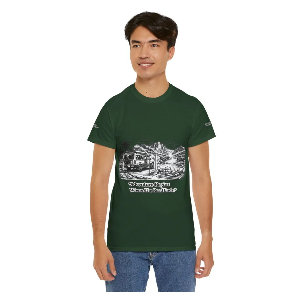 Unisex Heavy Cotton Tee — "Adventure Begins Where The Road Ends" Design Minimal-Line