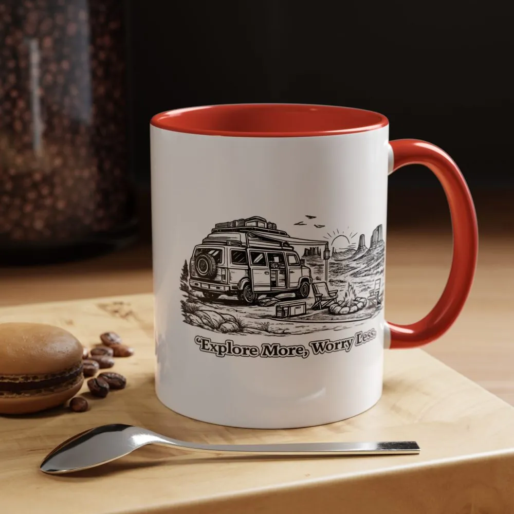 Accent Coffee Mug (11, 15oz) — "Explore More Worry Less" Design Minimal-Line